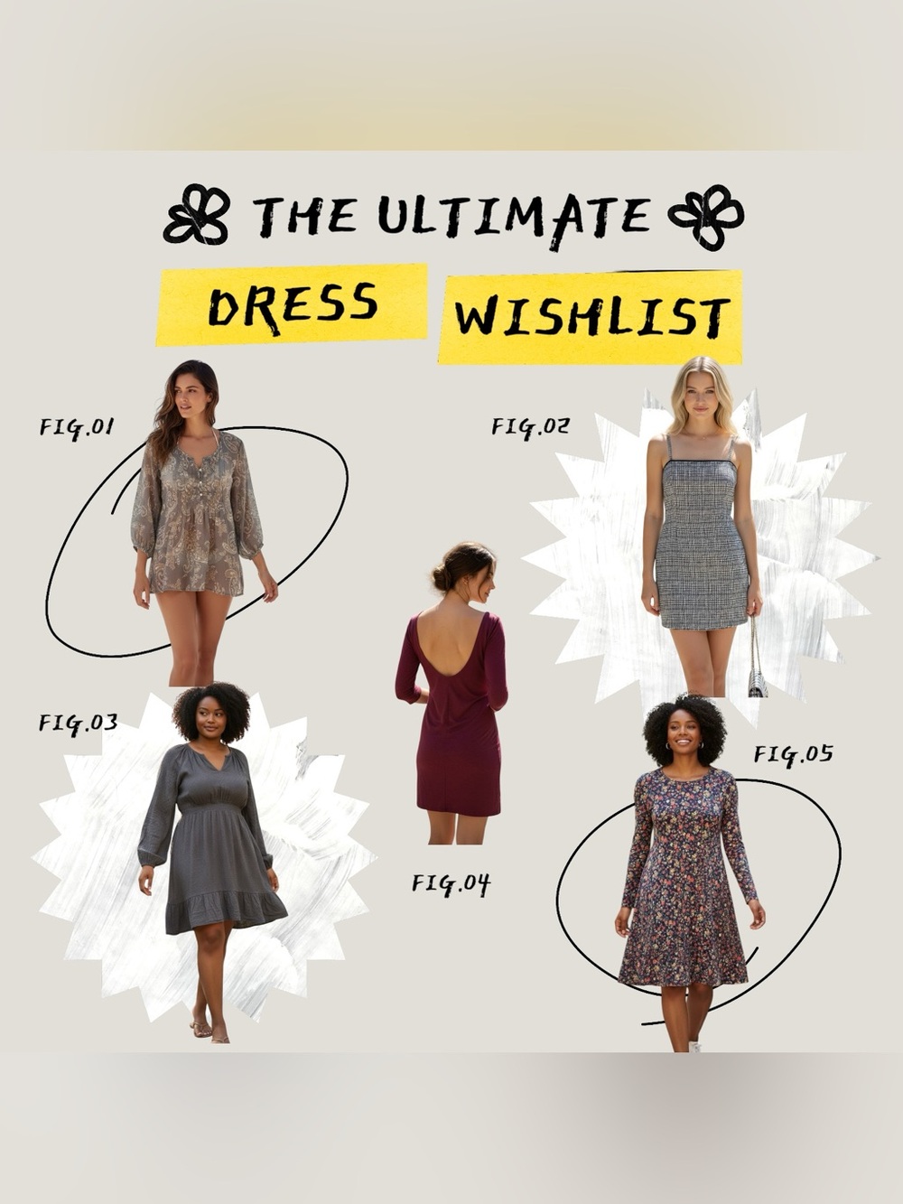 Lots of Assorted 4 Women’s Dresses and 1 top- Floral, Burgundy, Plaid & Neutral